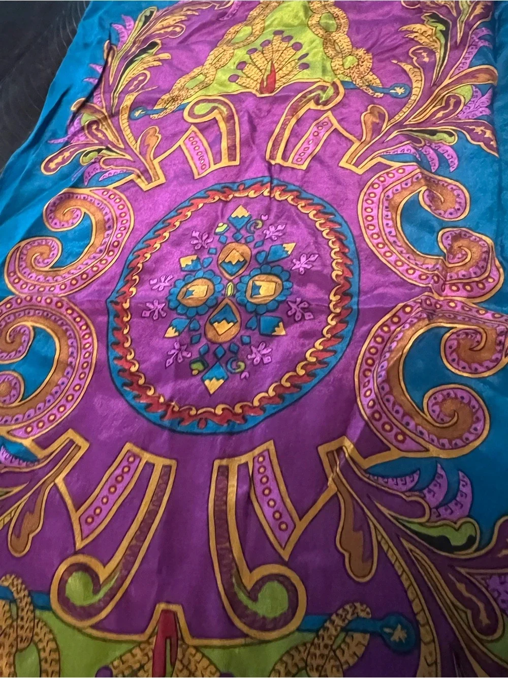 Oscar de la Renta Teal, Magenta & Yellow Silk Scarf